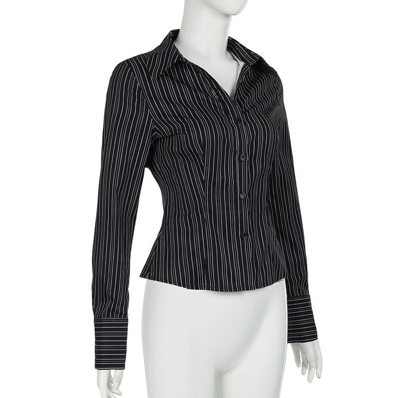 Long-Sleeve Collared Striped Button-Up Slim Fit Blouse Product Image