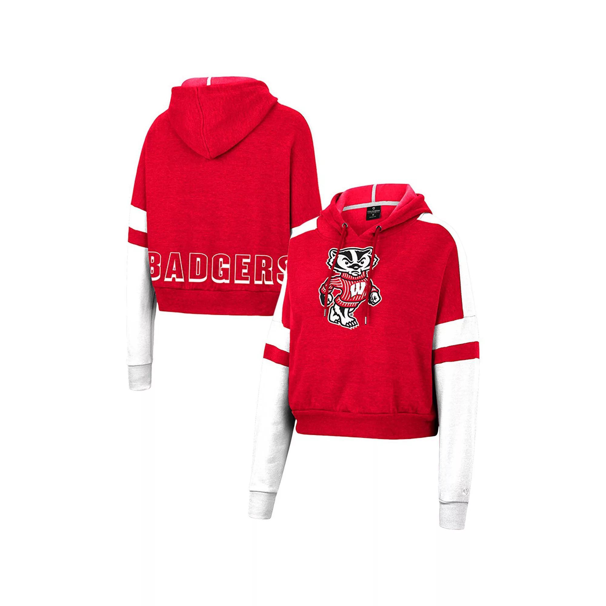 Women's Colosseum Heather Red Wisconsin Badgers Throwback Stripe Arch Logo Cropped Pullover Hoodie, Size: Large Product Image