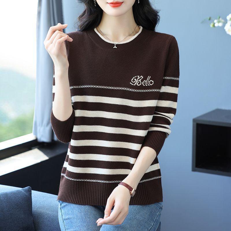 Long-Sleeve Crewneck Striped Knit Top Product Image