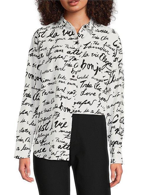 KARL LAGERFELD PARIS Silky Crepe Sketch Print Point Collar Long Sleeve Button-Front Blouse Product Image
