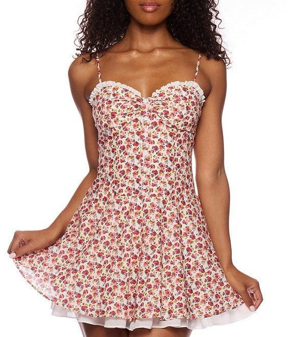 B. Darlin Floral Print Sweetheart Ruffle Neck A-Line Dress Product Image