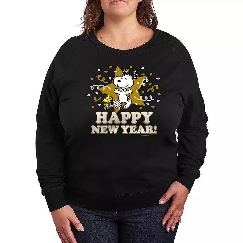 Plus Size Peanuts Snoopy Happy New Year French Terry Long Sleeve Tee, Women's, Size: 1XL, Black Product Image