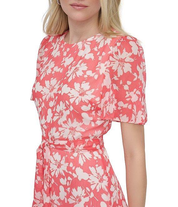 DKNY by Donna Karan Woven Floral Print Crew Neck Short Sleeve Waist Tie Fit and Flare Midi Dress Product Image