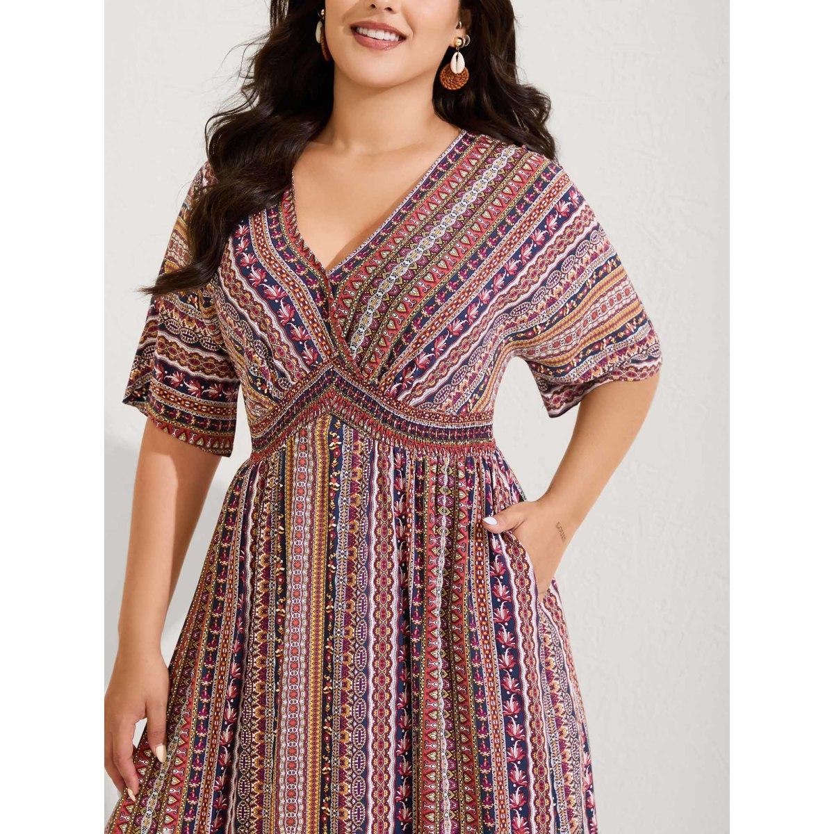 Plus Size Striped Contrast Dolman Sleeve Shirred Pocket Split Flutter Dress Navy Women Boho Non V-neck Half Sleeve Curvy BloomChic 12/L Product Image