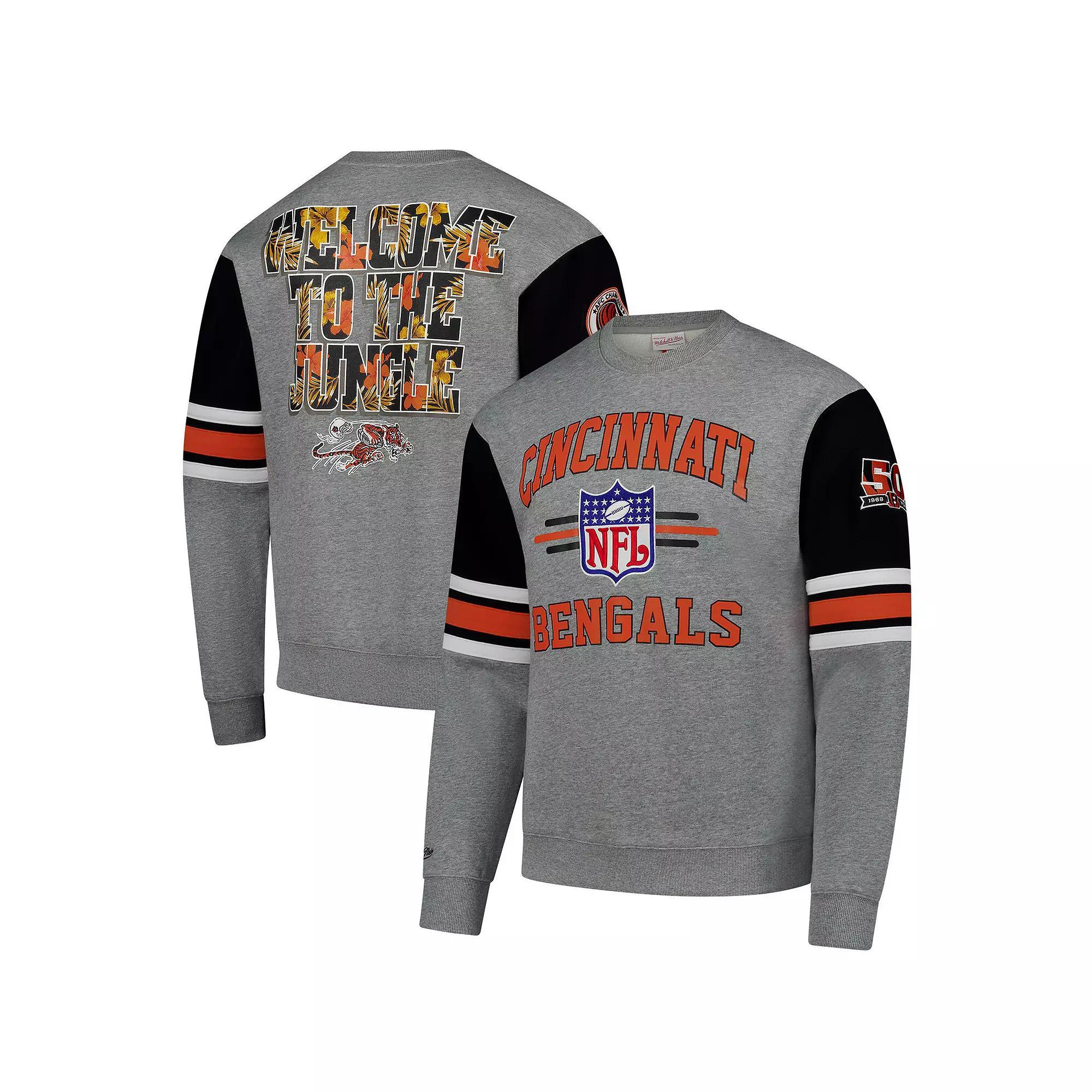 Men's Mitchell & Ness Heather Gray Cincinnati Bengals All Over 4.0 Vintage Logo Pullover Sweatshirt,  Product Image