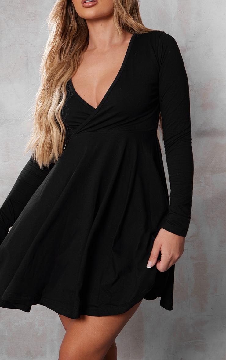  Black Cotton Wrap Long Sleeve Skater Dress Product Image