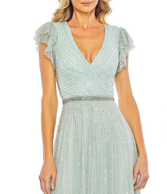 Mac Duggal Sequin Wrap Over Surplice V-Neck Ruffle Cap Sleeve Gown Product Image