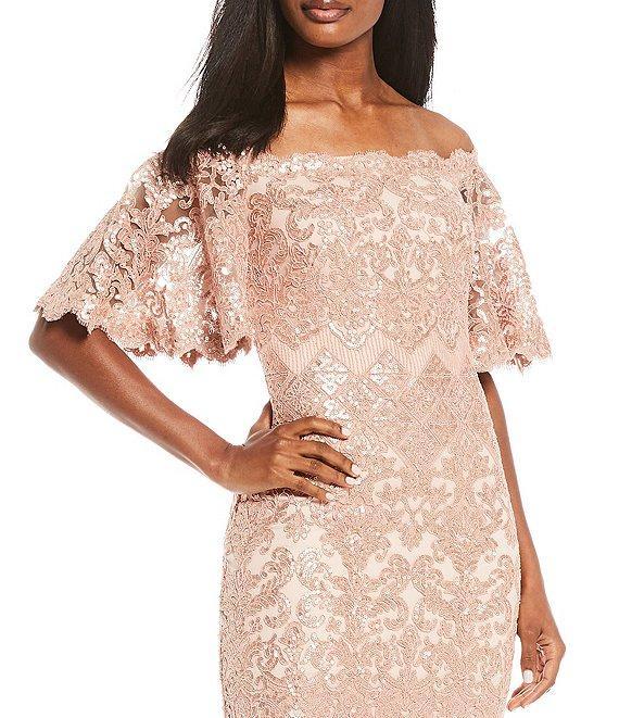 Tadashi Shoji Off-the-Shoulder Short Flutter Sleeve Sequin Lace Scalloped Hem Gown Product Image