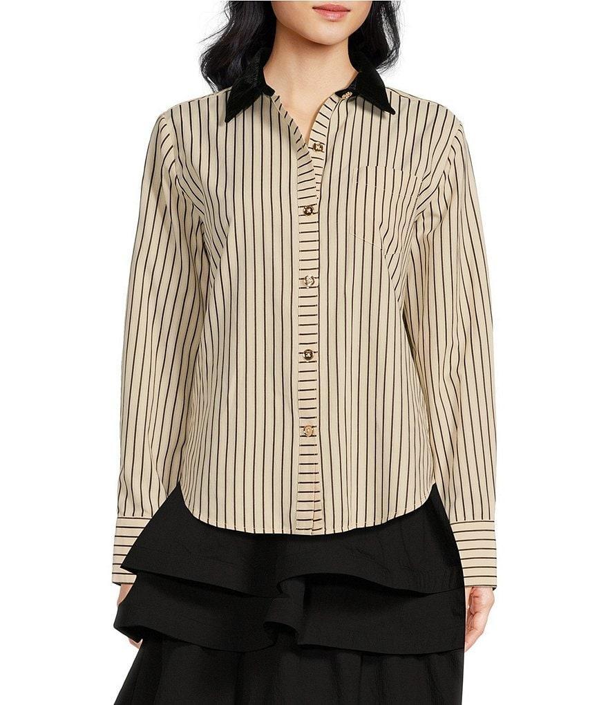 Buru Velvet Striped Contrast Collar Long Sleeve Button Front Blouse Product Image