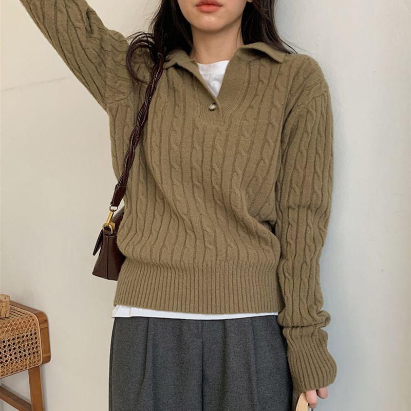 Plain Cable Knit Polo Sweater Product Image