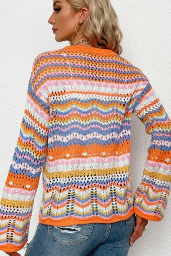 Striped Knit Cardigan Neck Flared Sleeve Button Sweater Product Image