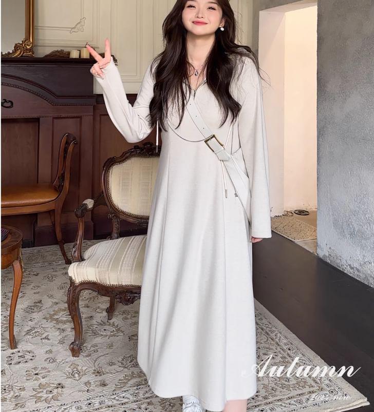 Long Sleeve Plain Hood Half Zip Midi A-Line Dress Product Image