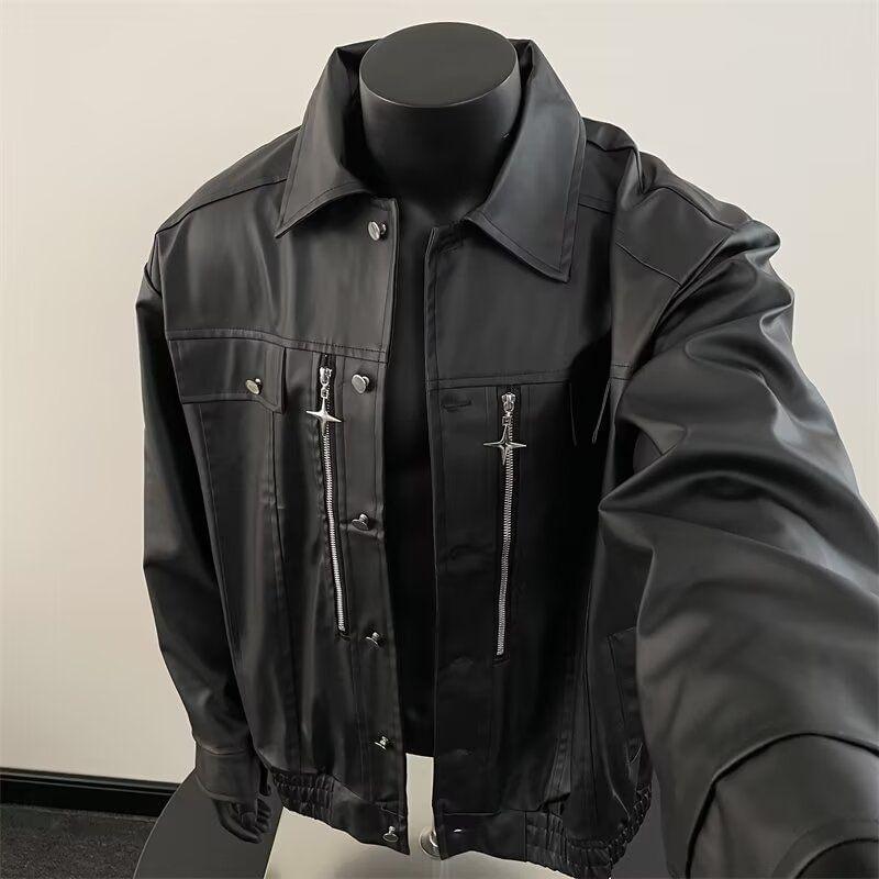 Plain Faux Leather Single-Breasted Jacket Product Image