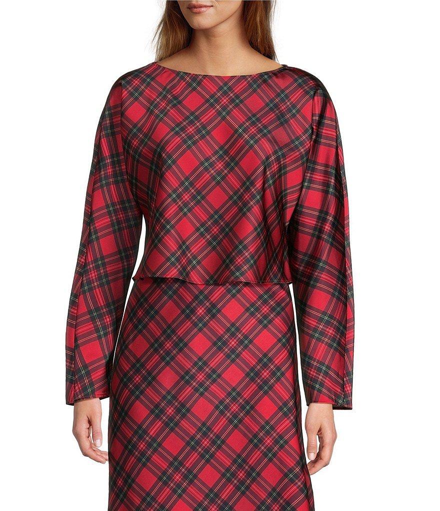 Antonio Melani Blyss Plaid Boat Neck Long Sleeve Coordinating Satin Blouse Product Image