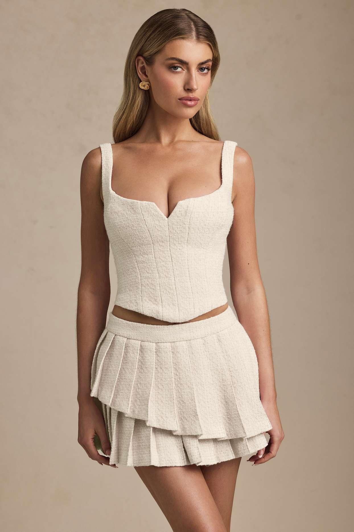 Layered Pleated Low-Rise Mini Skirt in Ivory Product Image