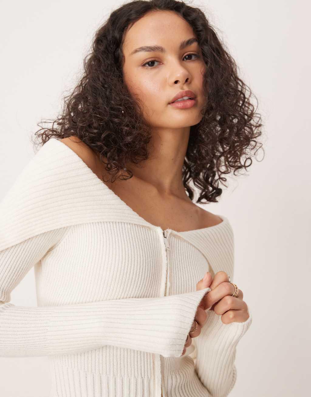 GINA TRICOT rib knit zip front cardigan with off the shoulder collar in cream Product Image