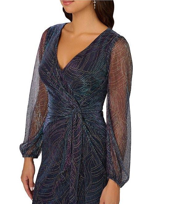 Adrianna Papell Mesh Metallic Sheath Surplice Neckline Long Mesh Sleeves Metallic Gown Product Image