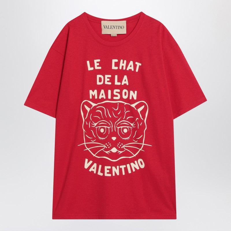 VALENTINO Graphic Print House Cat Crew Neck T-shirt In Red Product Image
