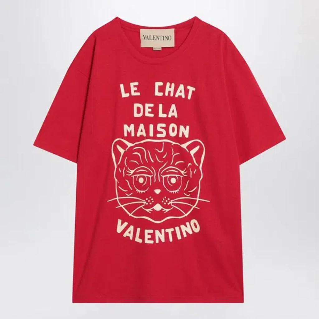 VALENTINO Graphic Print House Cat Crew Neck T-shirt In Red Product Image