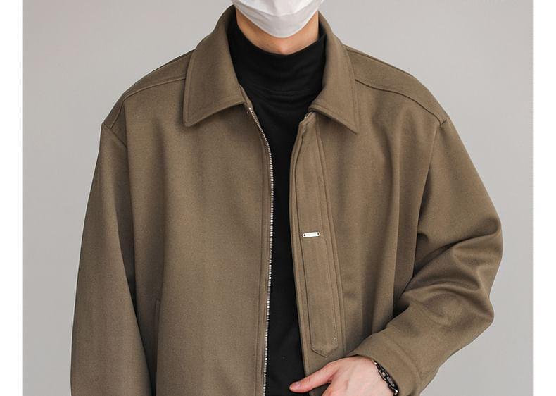 Lapel Collar Drop Shoulder Plain Zip Jacket Product Image