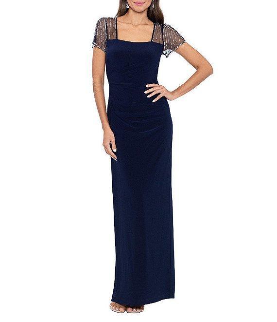 Betsy & Adam Square Neck Short Beaded Sleeve Open Back Gown Product Image