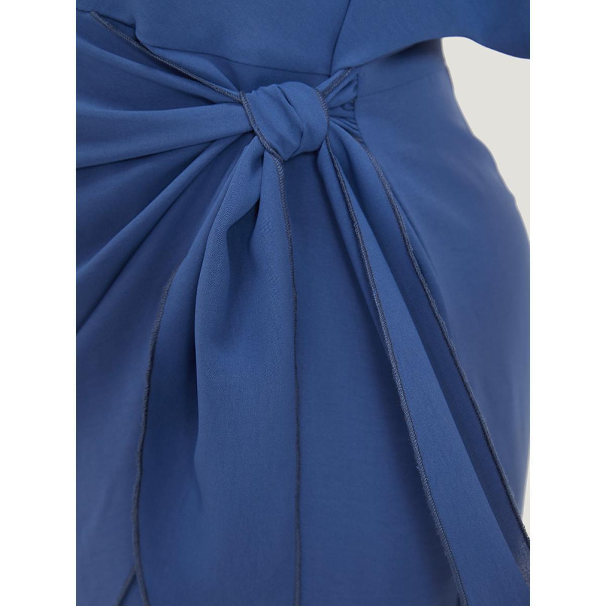 Plus Size Solid Surplice Neck Gathered Twist Front Batwing Sleeve Dress DarkBlue Women Elegant Knotted V-neck Half Sleeve Curvy Knee Dress BloomChic 18-20/2X Product Image