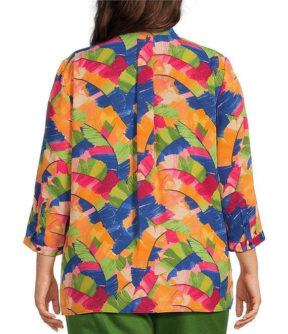 Investments Plus Size Caroline Signature Leafy Sketch V-Neck 3/4 Sleeve Button Front Top Product Image