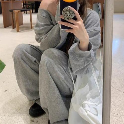 Set: One Shoulder Plain Crop Sweatshirt + Drawstring Waist Wide Leg Sweatpants Product Image