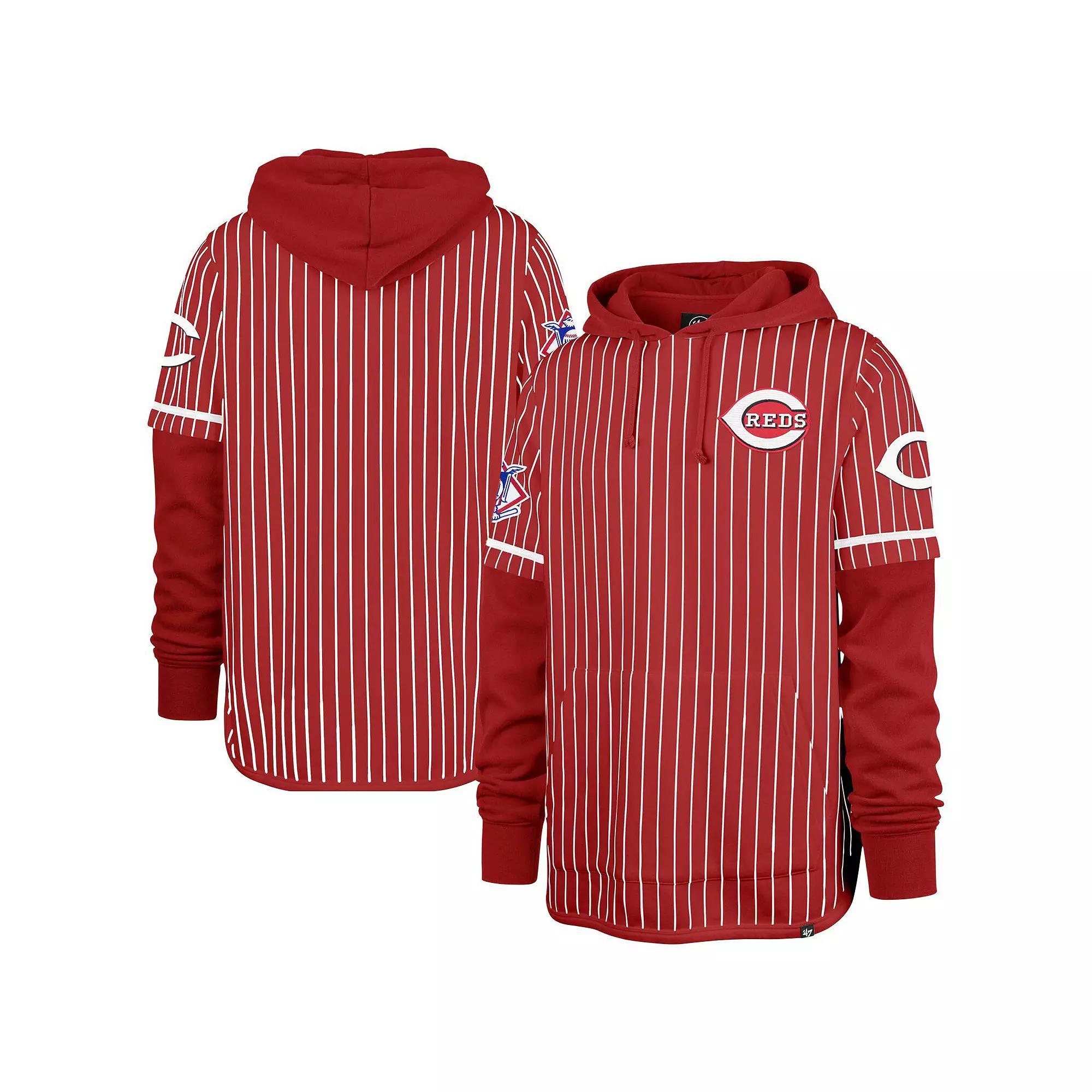 Men's '47 Red Cincinnati Reds Pinstripe Double Header Pullover Hoodie,  Product Image