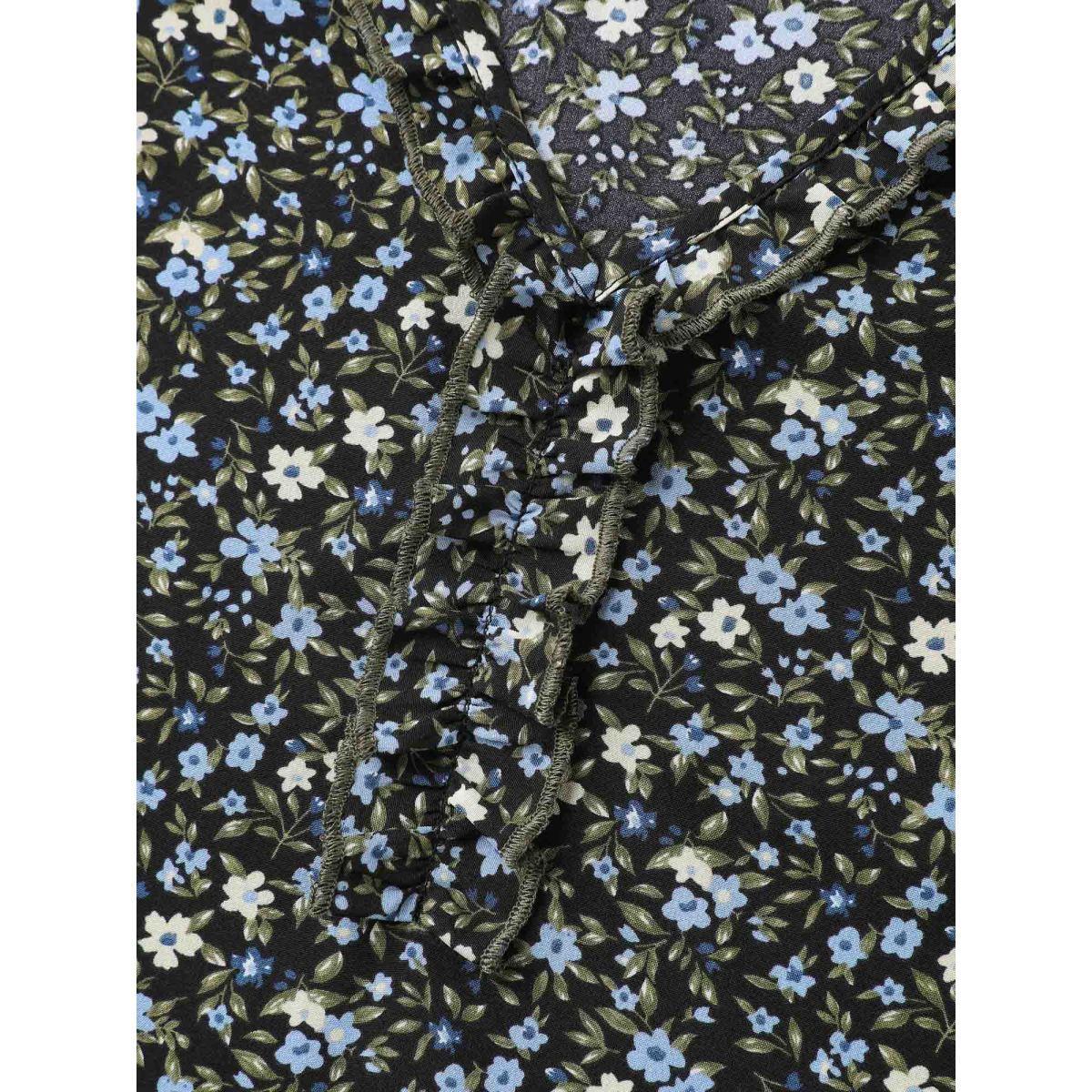 Plus Size Multicolor Ditsy Floral Print Frill Trim Blouse Women Timeless Elbow-length sleeve V-neck Elegant Blouses BloomChic 22-24/3X Product Image