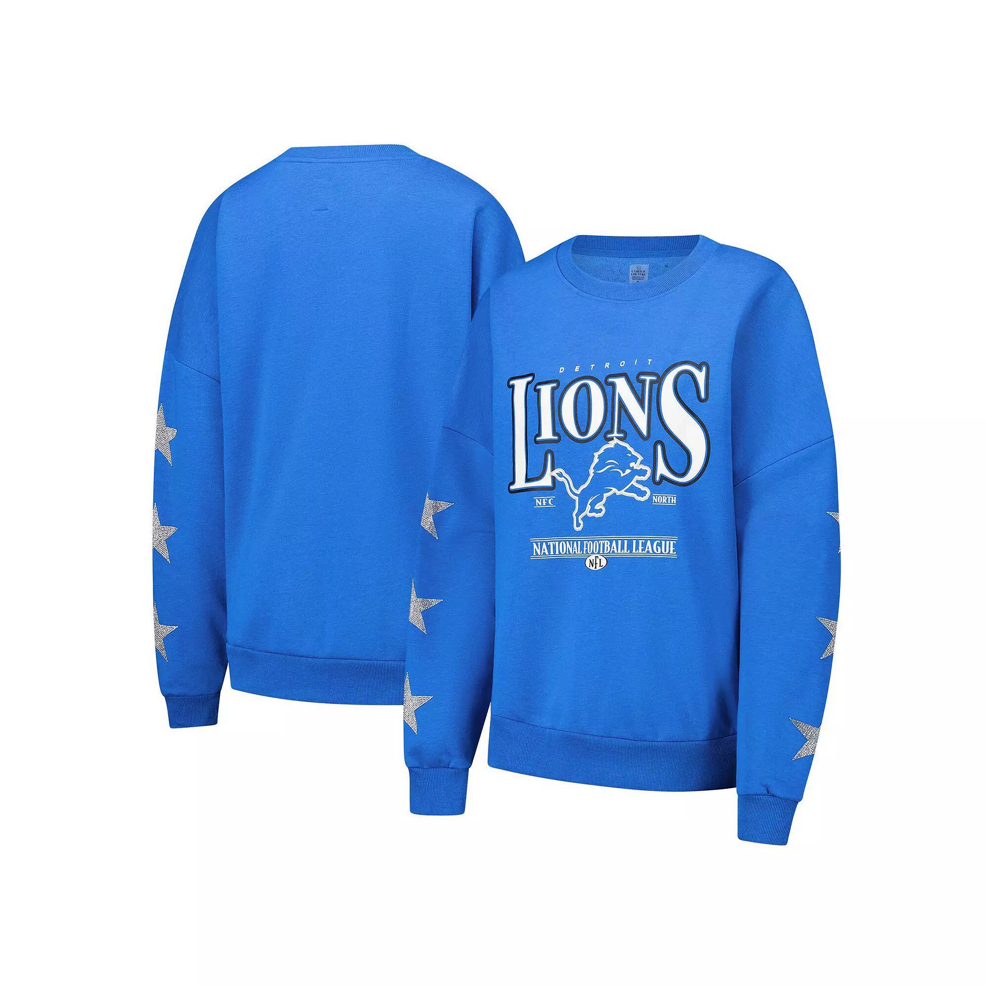 Women's Gameday Couture Blue Detroit Lions Rhinestone Star Sleeve Settle the Score Tri-Blend Pullover Sweatshirt, Size: Large Product Image