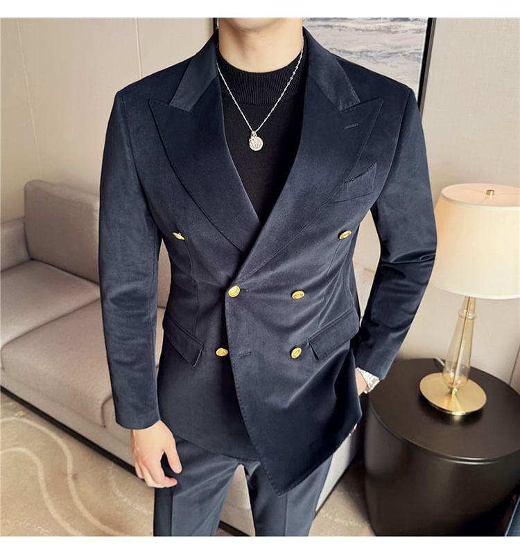 Set: Peak Lapel Plain Double-Breasted Blazer + High Waist Cropped Tapered Pants Product Image