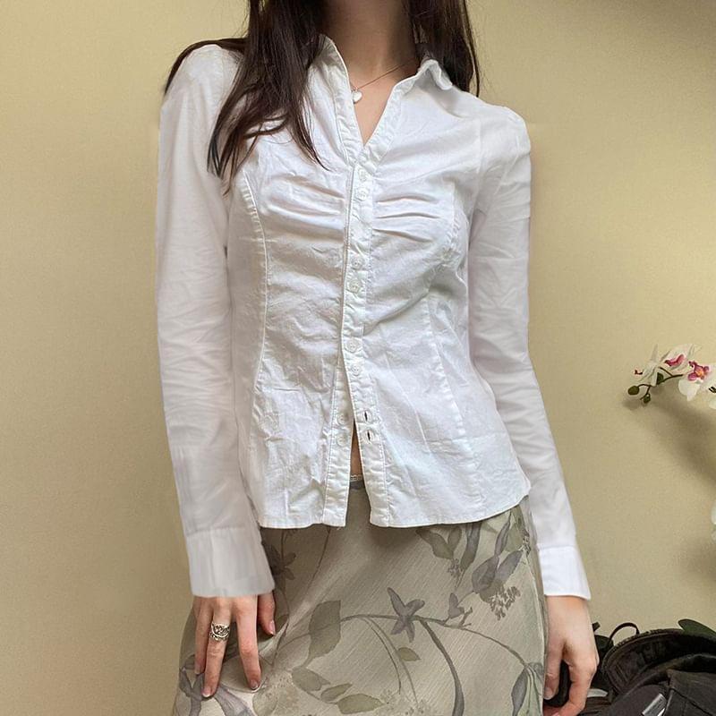 Short Sleeve/Long Sleeve V-Neck Plain Ruched Shirt Product Image