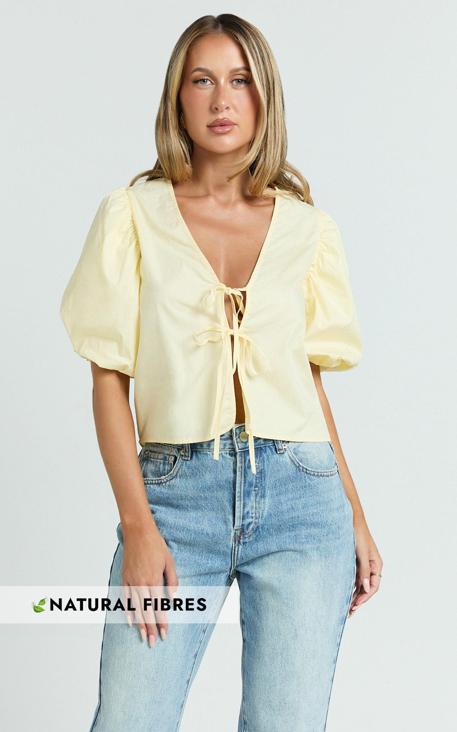 Dana Top - Bow Tie Front Puff Sleeve Blouse in Lemon Product Image