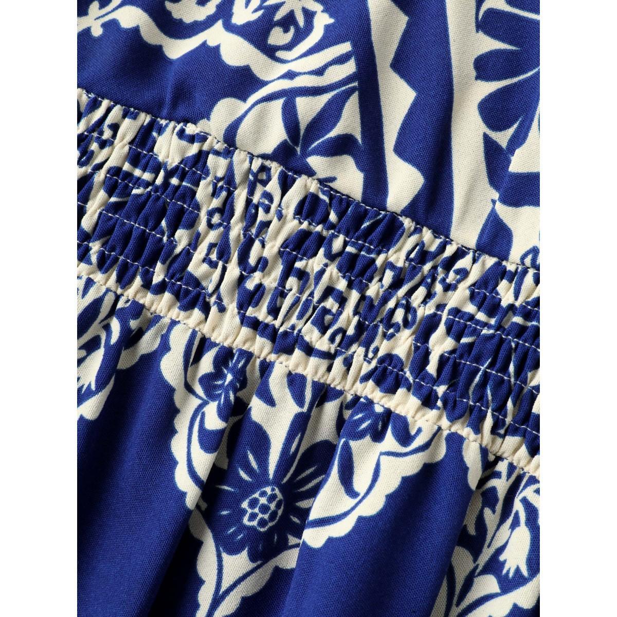 Plus Size Boho Print Shirred Pockets Midi Dress DarkBlue Women V-neck Sleeveless Curvy BloomChic 18-20/2X Product Image