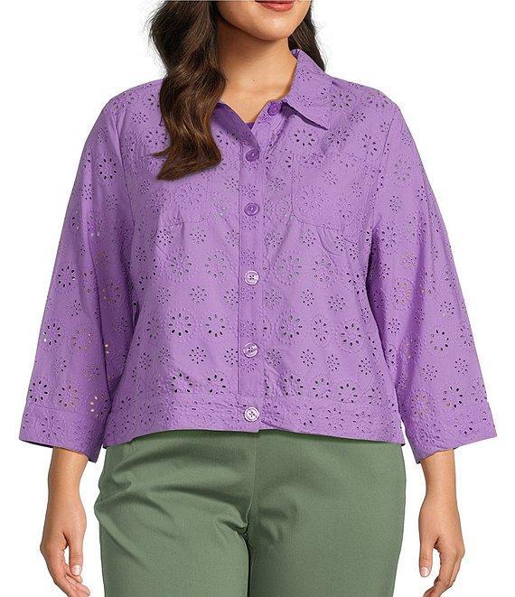 Allison Daley Plus Size 3/4 Sleeve Point Collar Button Front Eyelet Jacket Product Image