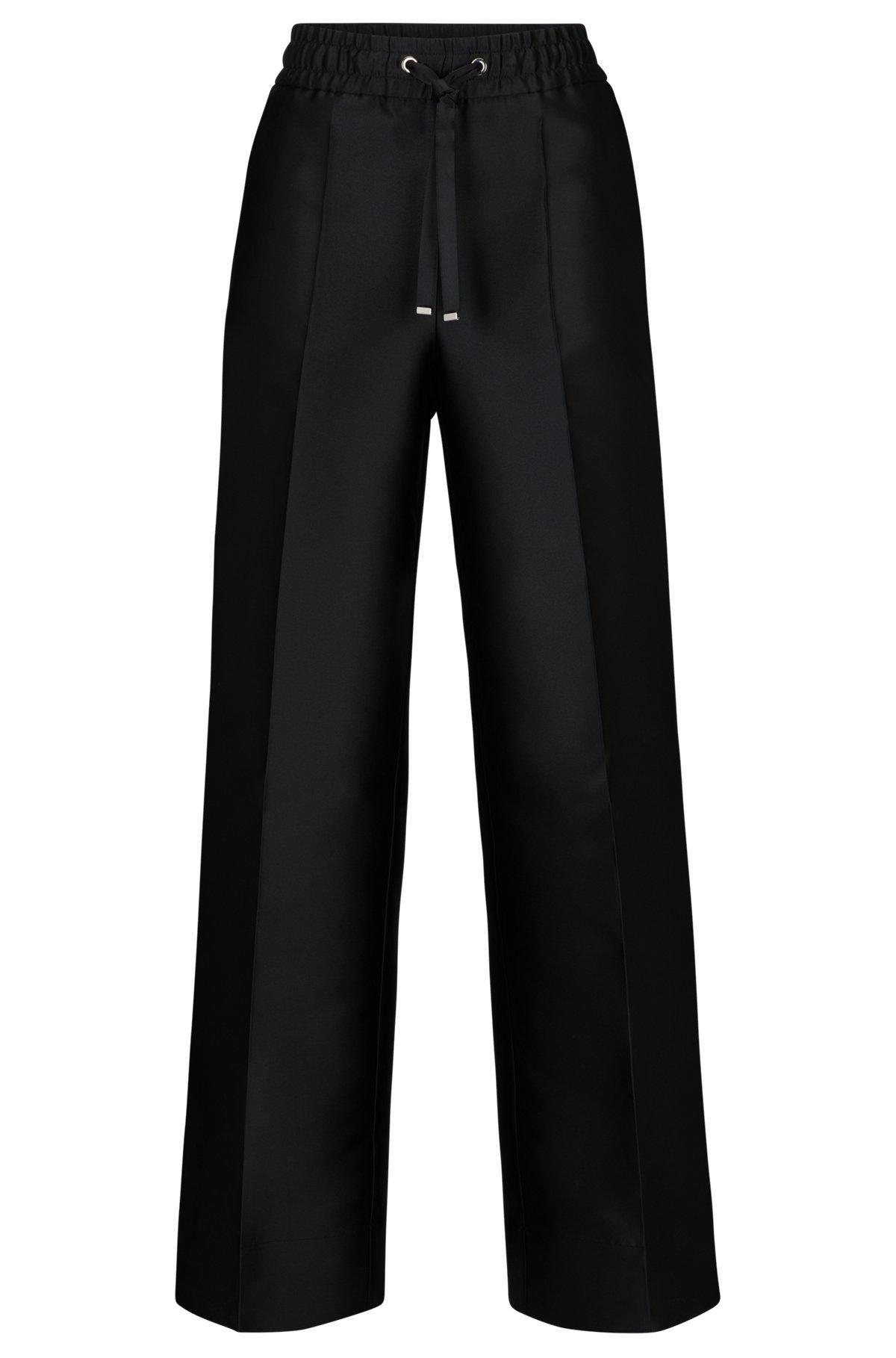 BOSS - Relaxed-fit trousers in satin with drawstring waist - Black Product Image