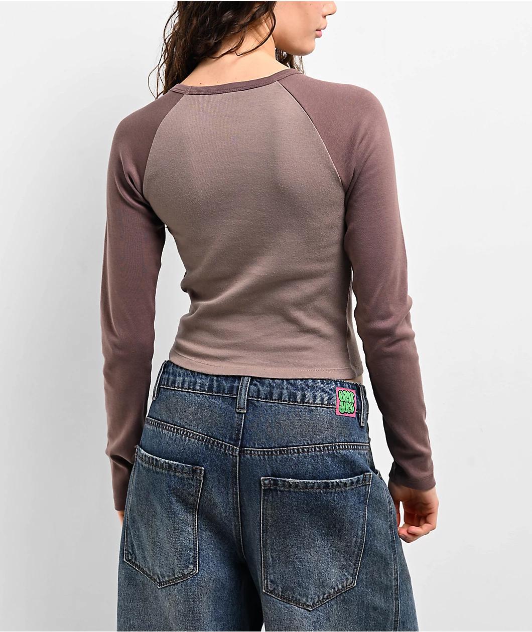 Zine Sam Taupe Raglan Long Sleeve Crop T-Shirt Product Image