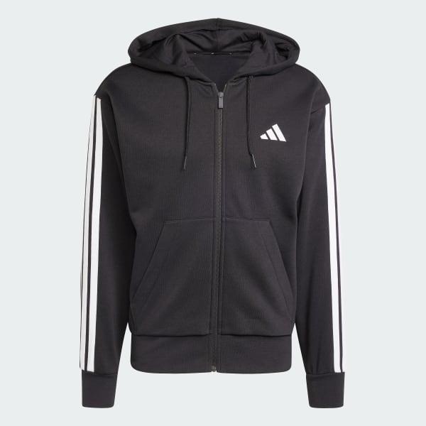 Men's adidas Essentials 3-Stripes Fleece Sportswear Zip Front Hoodie, Size: Small, Pure Ruby Black Product Image