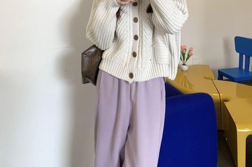 Round Neck Plain Cardigan / Mid Rise Wide Leg Pants Product Image