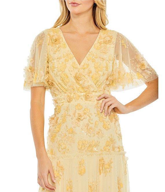 Mac Duggal 3D Floral Embellished Beaded Mesh V-Neck Flutter Sleeve A-Line Dress Product Image
