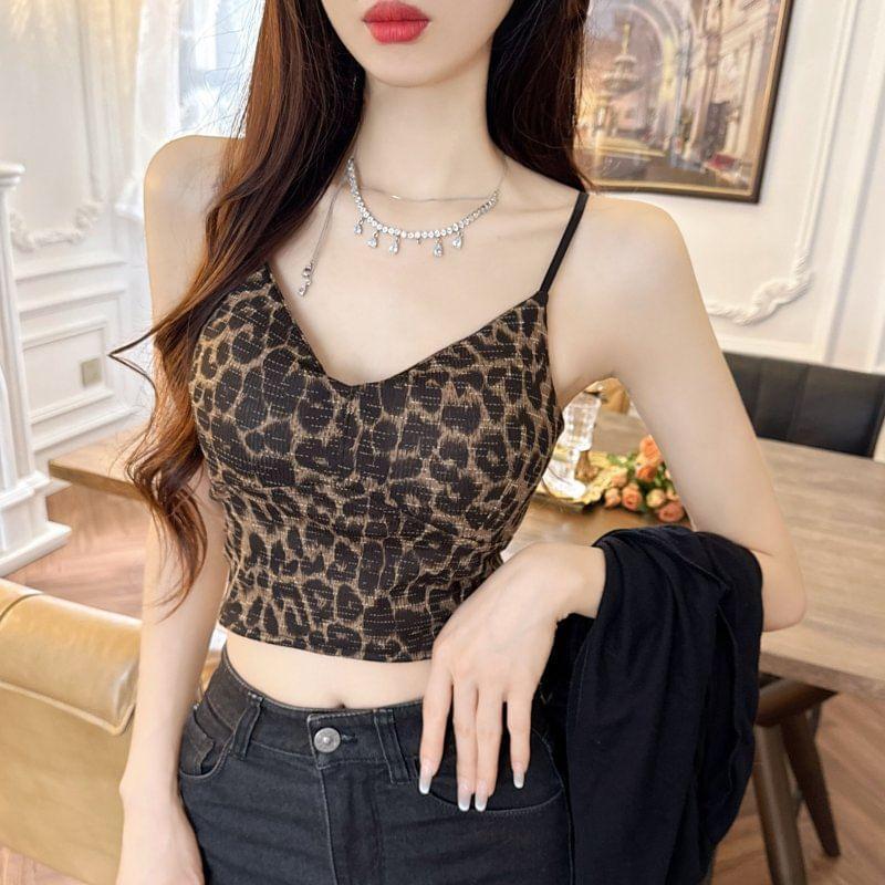 V-Neck Leopard Print Padded Crop Cami Top Product Image