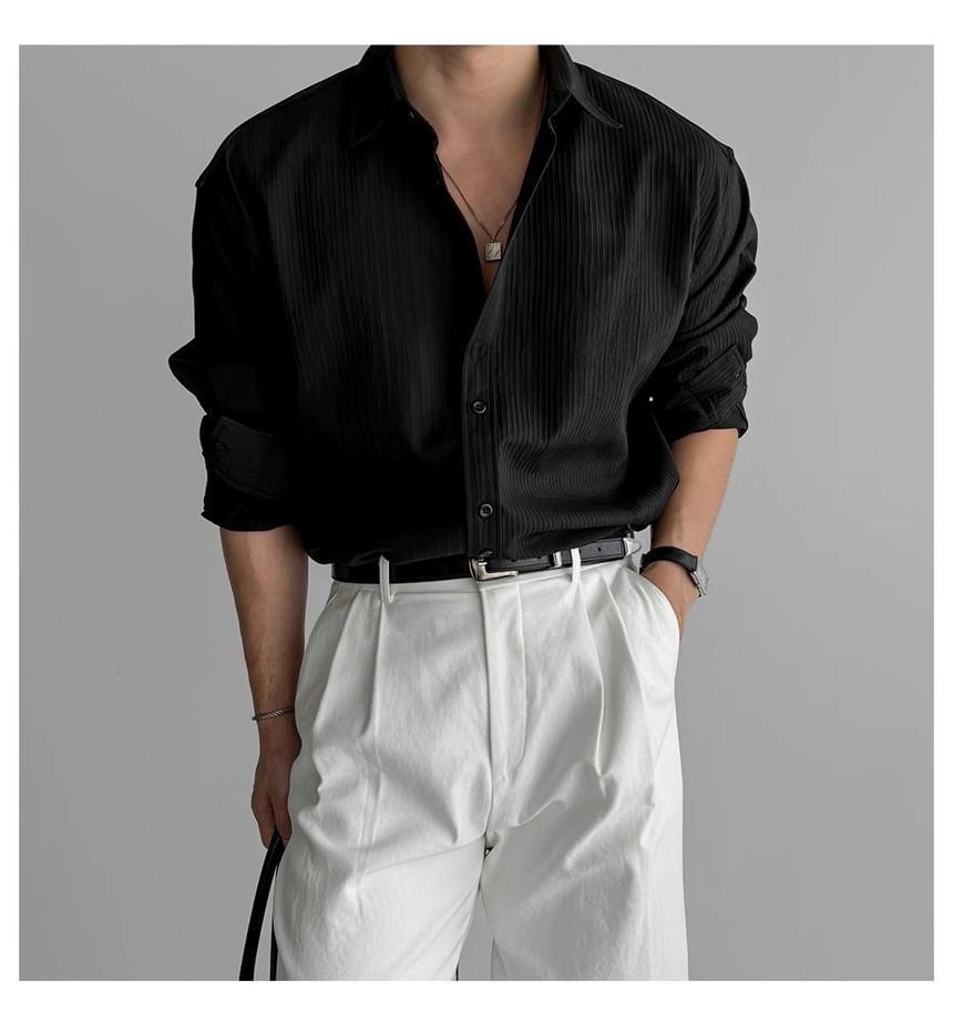 Long-Sleeve Collared Plain Button Up Shirt Product Image
