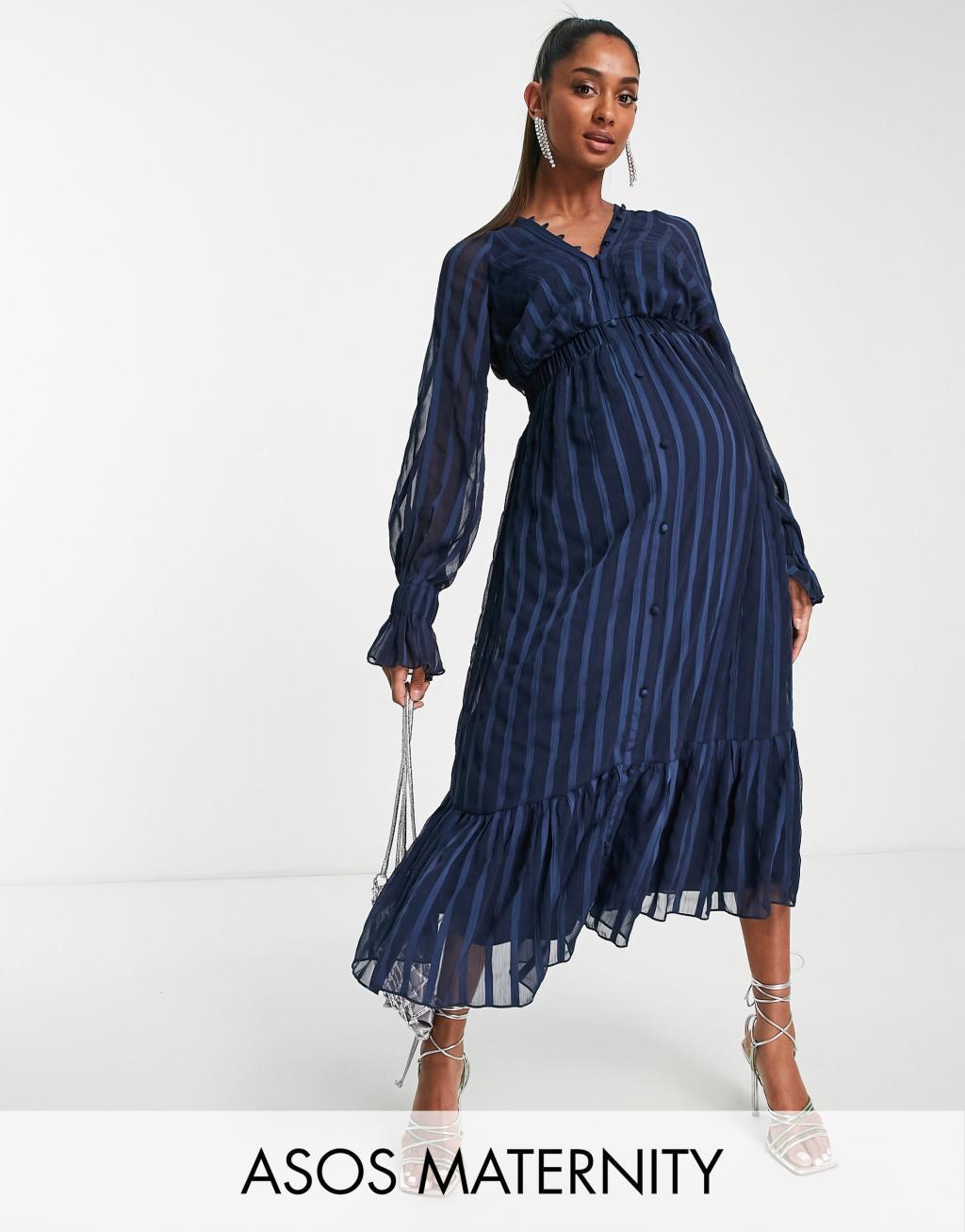 ASOS DESIGN Maternity satin stripe midi dress with blouson sleeve and button detail in navy Product Image