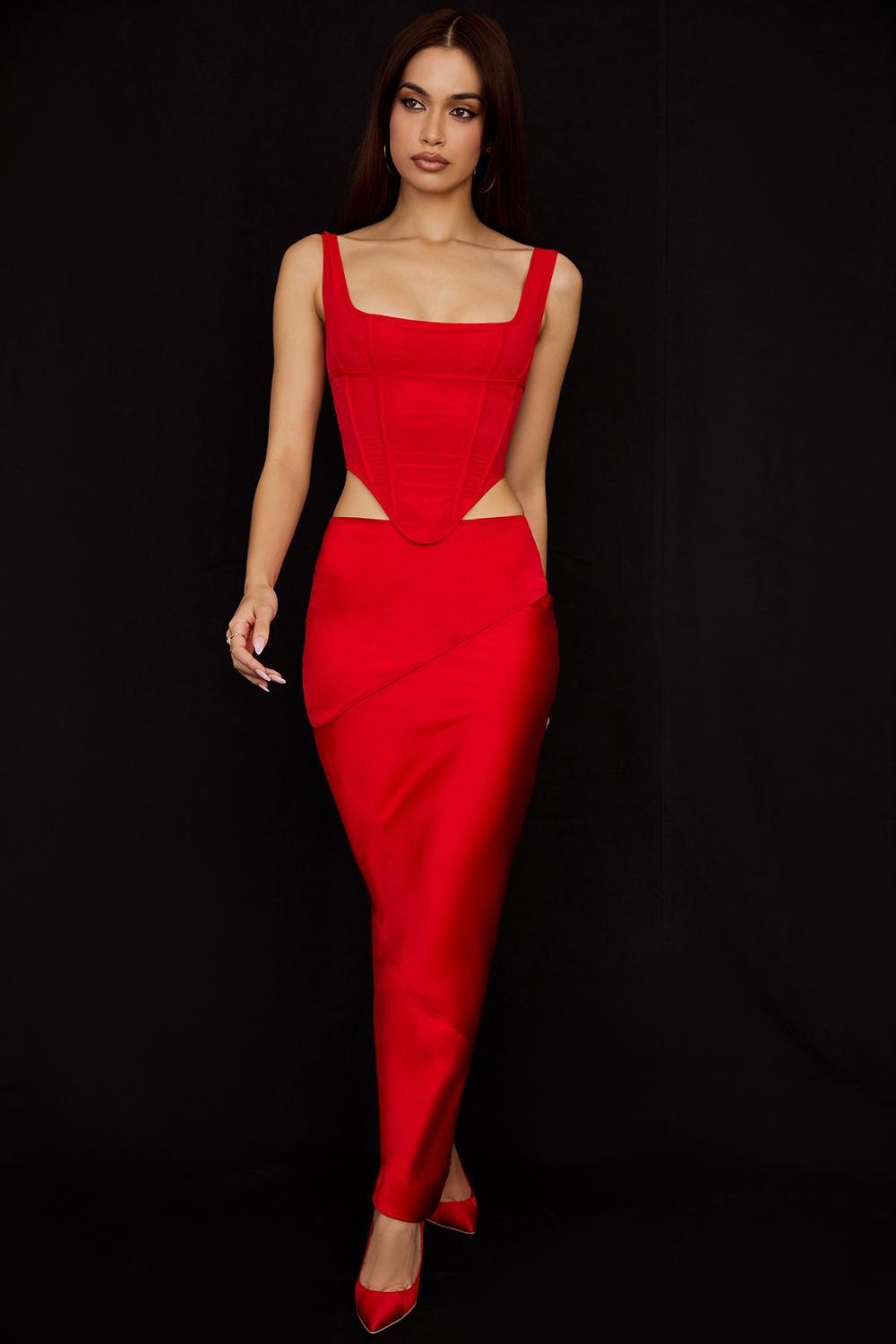 Colette  scarlet satin low waist midi skirt Product Image