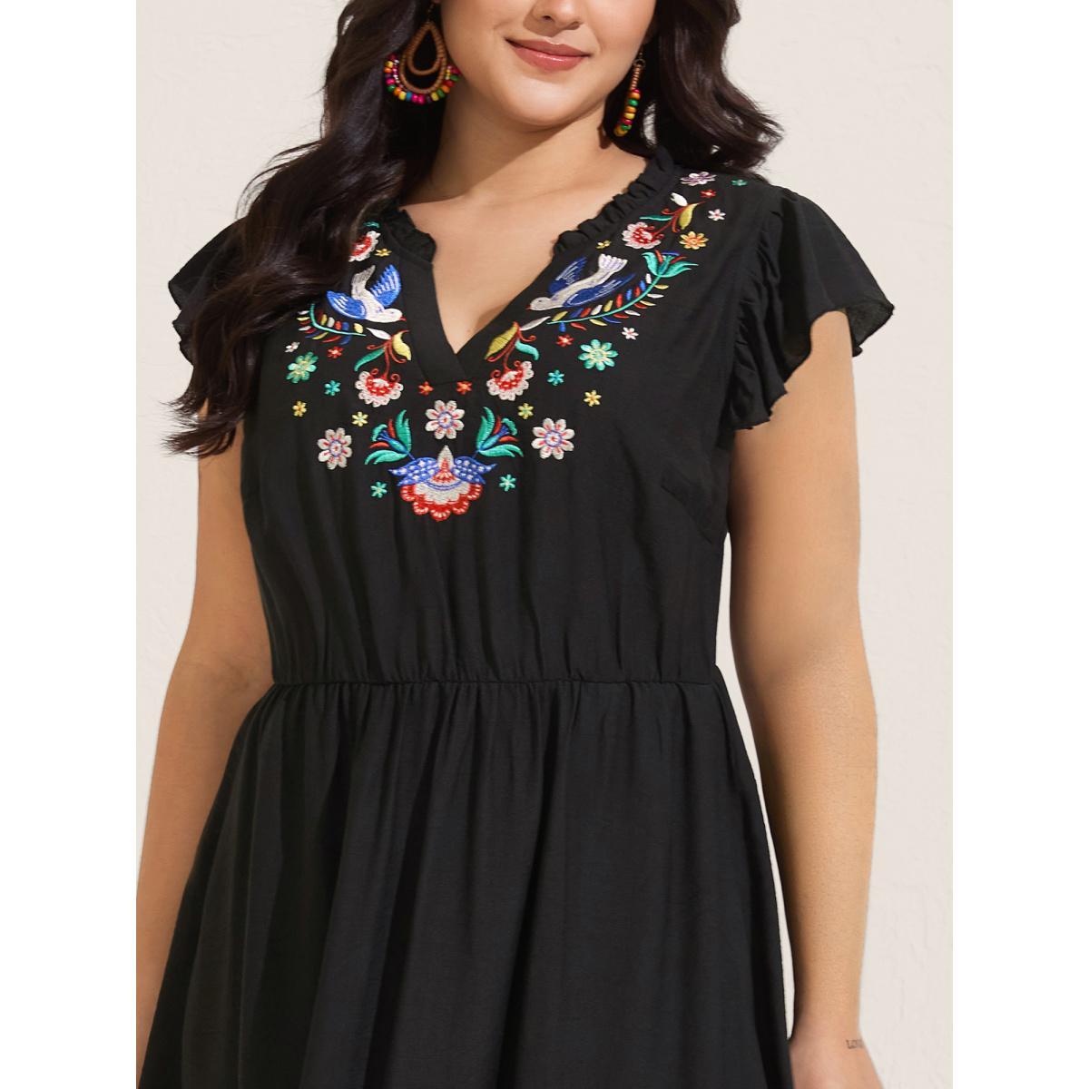 Plus Size Floral Embroidered Notched Collar Midi Dress Black Women Boho Flat collar with V-notch Cap Sleeve Curvy BloomChic 12/L Product Image