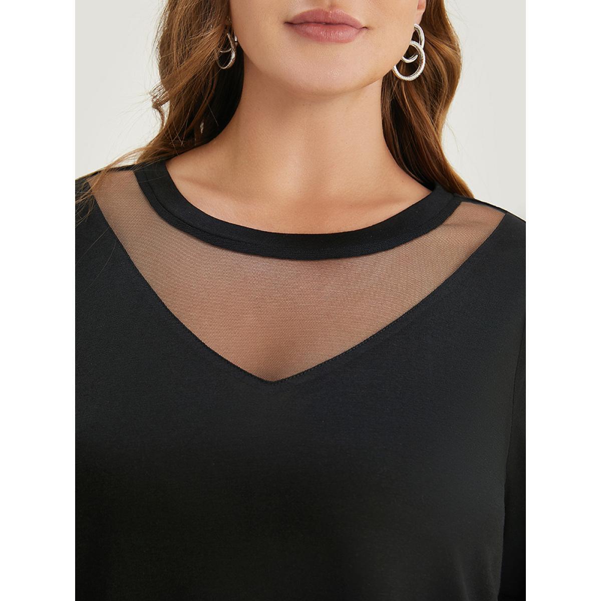 Plus Size Solid Round Neck Mesh Patchwork T-shirt Black Women Elegant See through Plain Round Neck Dailywear T-shirts BloomChic 30/6X Product Image