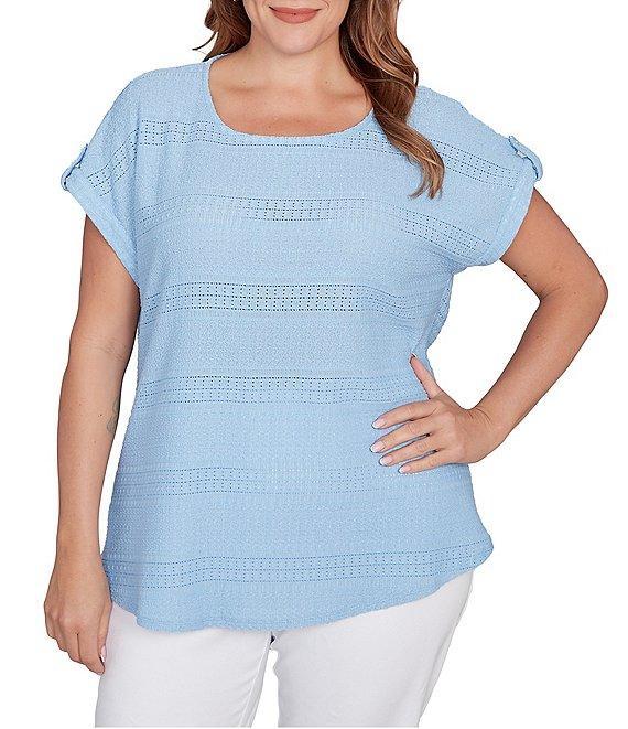 Ruby Rd. Plus Size Crochet Knit Boat Neck Short Button Tab Sleeve Top Product Image