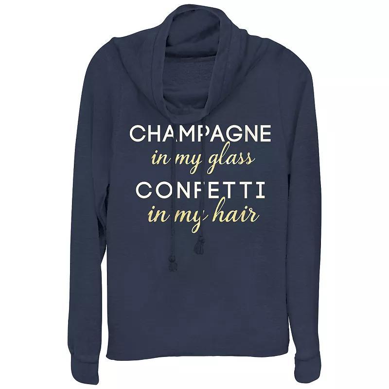 Women's Champagne In My Glass Confetti In My Hair Cowlneck Graphic Lightweight Long Sleeve, Size: XS, Blue Product Image