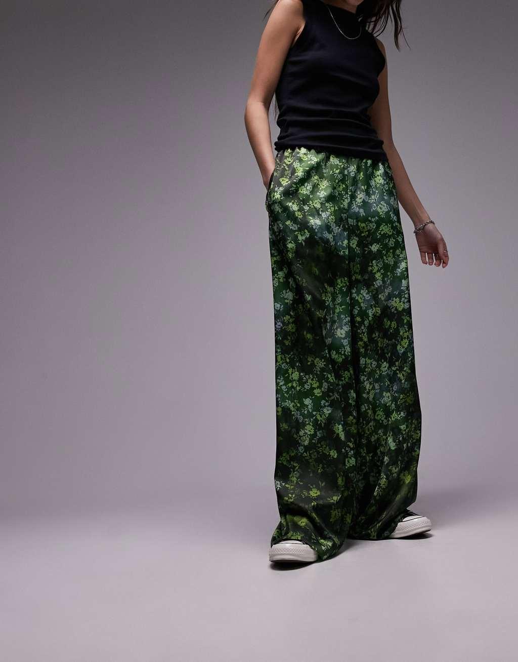 Topshop satin print wide leg pull on pants Product Image